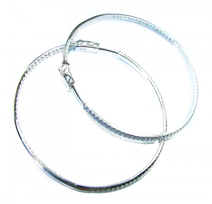 INSIDE - OUT Huge 2 inches long White Sapphire .925 Sterling Silver handmade Hoop Earrings - Inside-out hoop earrings close-up with clasp and stone detail.