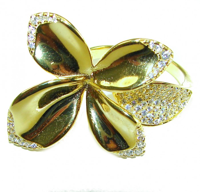 Lotus flower White Topaz highly polished 18K Gold over .925 Sterling Silver Italy made ring s. 7 adjustable - Lotus flower ring with White Topaz, top view, 18K Gold over .925 silver
