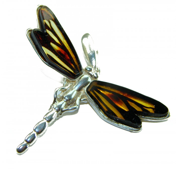 Dragonfly Natural CARVED Baltic Amber .925 Sterling Silver handmade Pendant - Dragonfly Baltic amber pendant in sterling silver, top view.