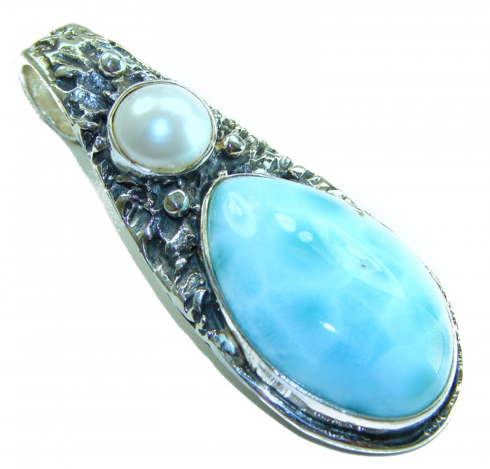 Natural Larimar Pearl oxidized .925 Sterling Silver handcrafted pendant - Close-up of natural Larimar and pearl pendant in oxidized sterling silver.