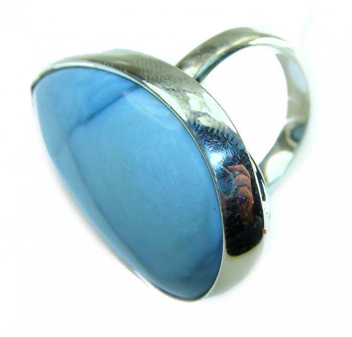 Rare and Spectacular 48.9 carat authentic Andean (Peruvian) Blue Opal .925 Sterling Silver Handcrafted Ring size 7 - Side view of silver ring with blue Andean stone, 48.9 carats.
