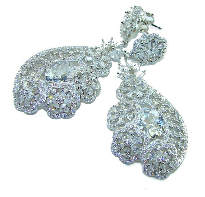Special design! Opera - Precious - 31.8 carat White Sapphire .925 Sterling Silver handcrafted Statement earrings - Close-up of ornate earrings with white sapphires and floral designs.