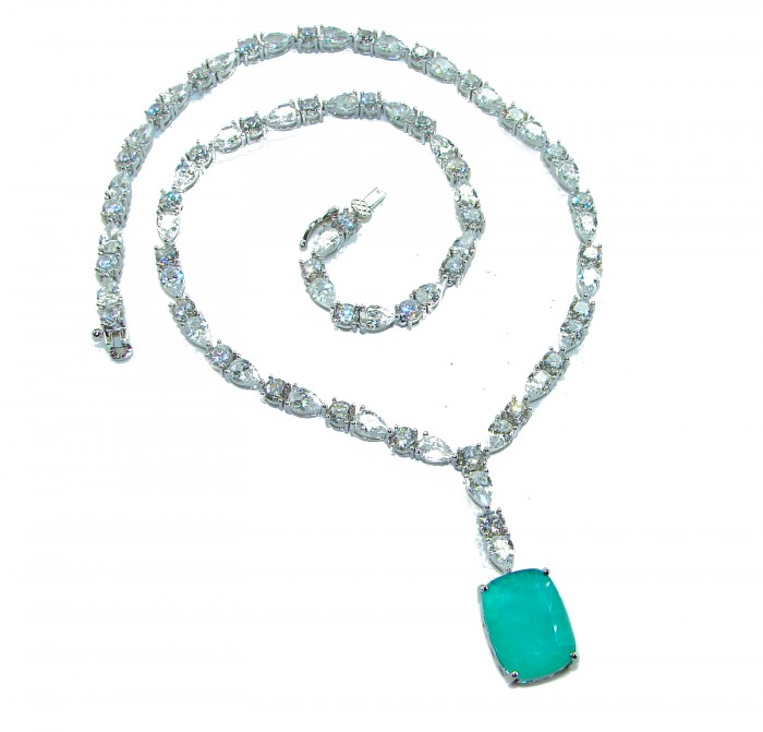 Born to Glam authentic 10.9 carat Colombian Emerald .925 Sterling Silver handcrafted Statement necklace - Necklace top view with emerald pendant and crystal detailing