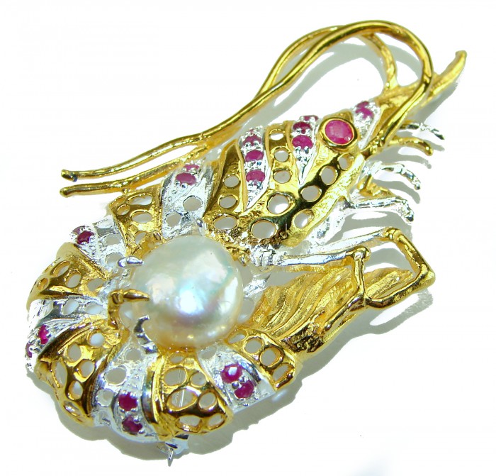 Precious Shrimp genuine Ruby 14k Gold over .925 Sterling Silver handmade Pendant - Brooch - Close-up of Precious Shrimp brooch with pearl and rubies in gold and silver.