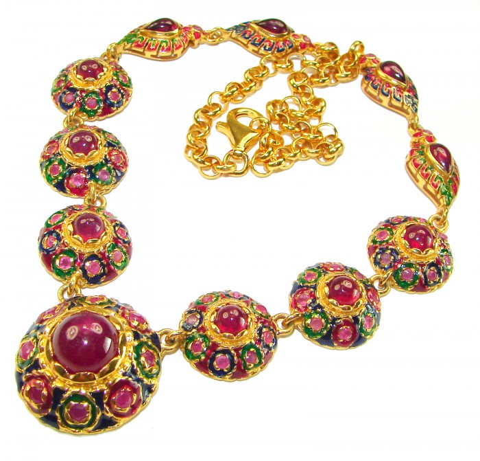 Enlightenment 38.2 carat Mozambique Ruby .925 Sterling Silver .925 Sterling Silver dipped ibn 18K REAL GOLD Statement Necklace - Ruby necklace with gold accents, top view showing detailed design.