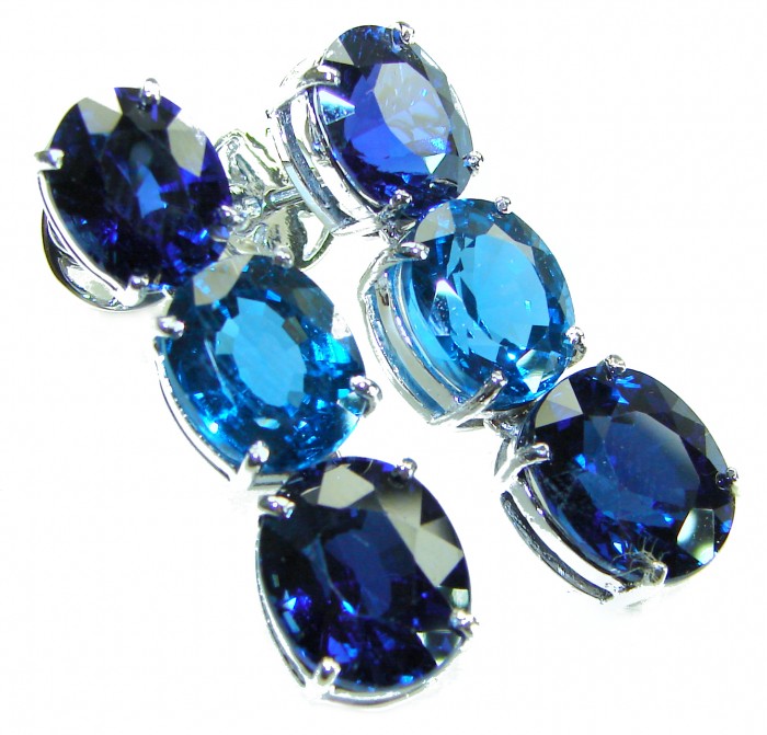 Deep Ocean 22.5 carat London Blue Topaz .925 Sterling Silver handmade Statement earrings - Close-up of 22.5 carat London Blue Topaz in .925 Sterling Silver.