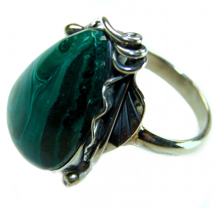 22.2 CARAT genuine Malachite from Utah .925 Sterling Silver handcrafted ring size 7 adjustable - Close-up of 22.2 carat Malachite ring in .925 Sterling Silver setting.