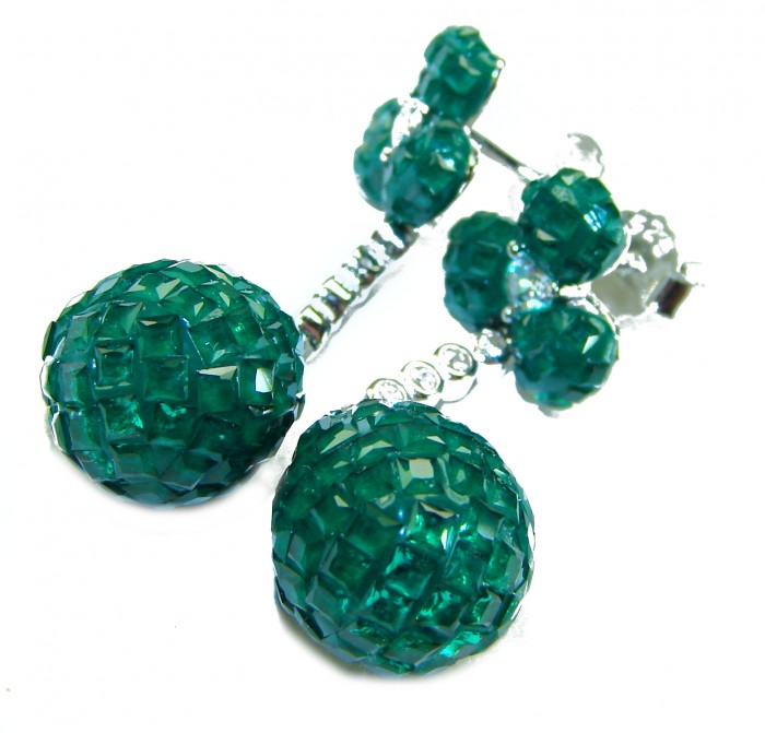 Giovanna - Authentic 21.9 carat Emerlad .925 Sterling Silver handcrafted earrings - Close-up of emerald earrings with textured spheres, sterling silver.