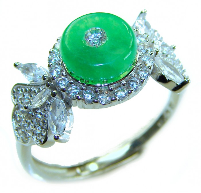Good Fortune - Vintage Style 4.9 carat Jade .925 Sterling Silver handmade Cocktail Ring s. 7 adjustable - Close-up of jade and diamond ring in vintage style.