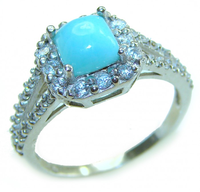 Caribbean Beauty 4.5 carat Genuine Blue Larimar .925 Sterling Silver handmade ring size 7 - Side view of blue larimar and diamond ring in sterling silver.