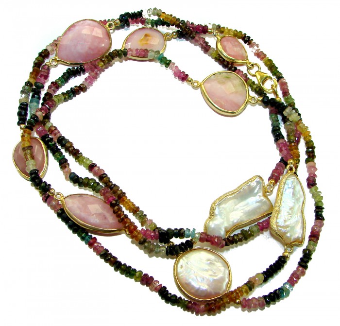 Infinity authentic 55.5 carat Pink Opal Brazilian Tourmaline .925 Sterling Silver handcrafted Station necklace; 44 inches - Multistrand pink opal and tourmaline necklace, close-up view.