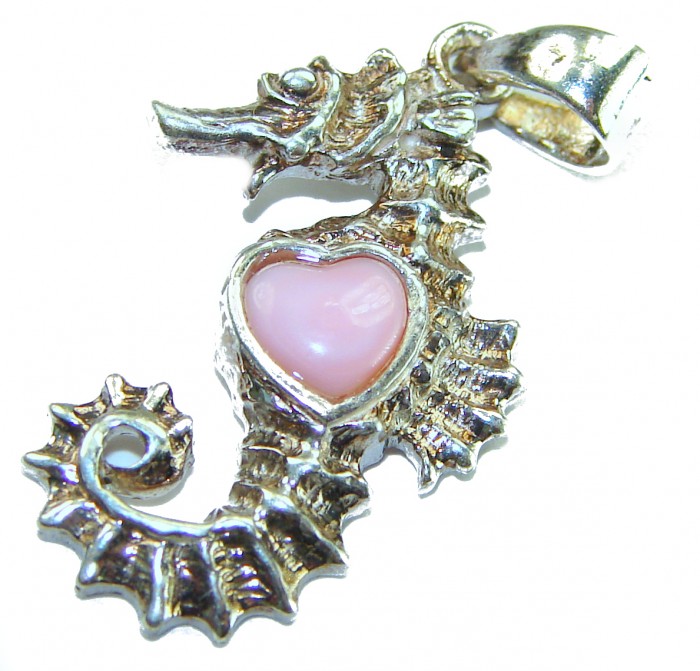 Seahorse Excellent quality 0.9 carat Pink Opal .925 Sterling Silver handcrafted Pendant - Seahorse pendant with pink opal, detailed view, .925 sterling silver.