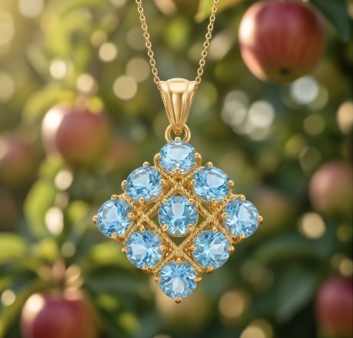 Vintage style 14.8 carat Swiss Blue Topaz .925 Sterling Silver DIPPED IN 18K Gold handmade Pendant - Vintage blue topaz pendant close-up with apple tree background