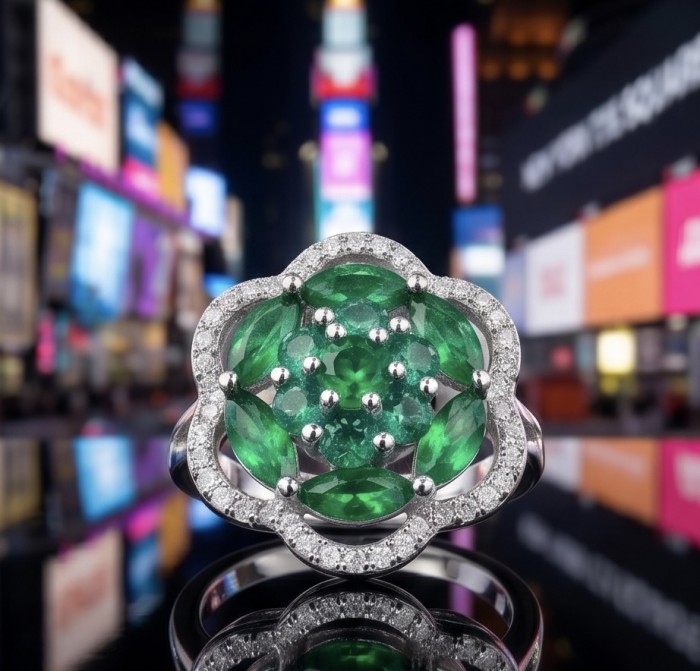 SPRING 6.5 carat Chrome Diopside .925 Sterling Silver handcrafted ring size 6 - Close-up of SPRING 6.5 carat Chrome Diopside ring in urban setting.