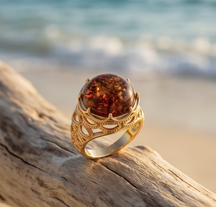 Queen of Fire best quality 6.4 carat BALTIC AMBER18K Gold over .925 Sterling Silver handmade ring 8 - Gold ring with Baltic amber stone, beach background, close-up.
