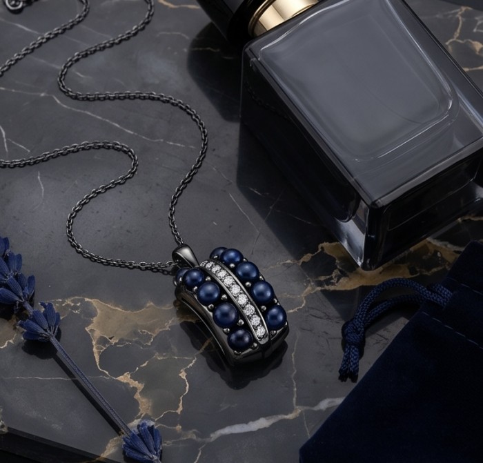 Born to Glam 7.2 carat natural Sapphire black rhodium over .925 Sterling Silver Perfectly handcrafted Pendant - Close-up of Born to Glam sapphire pendant on marble background.