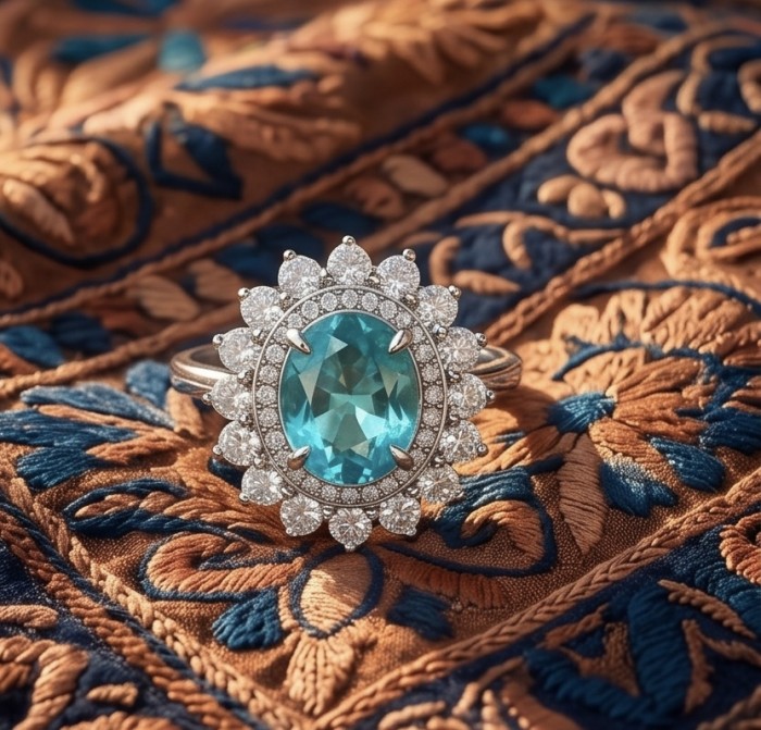 WONDERLAND 4.8 carat Paraiba Tourmaline .925 Sterling Silver Handcrafted Ring size 6 1/4 - Close-up of 4.8 carat Paraiba Tourmaline ring on embroidered fabric.