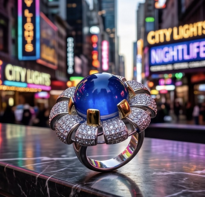 Purple Flower Natural 14.2 carat Tanzanite 2 tones .925 Sterling Silver dipped rhodium handmade Statement Ring size 7 1/4 - Tanzanite ring stone close-up, vibrant city lights in background.