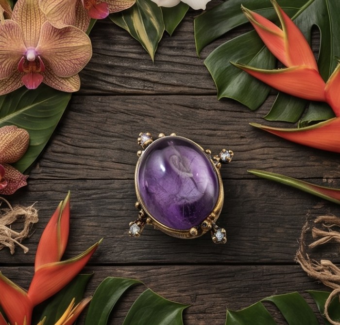Vintage Beauty - highly protective 27.5 carat Amethyst .925 Sterling Silver dipped in 18K Gold Handcrafted Large Ring size 9 - Top view of Vintage Beauty amethyst ring on wooden background