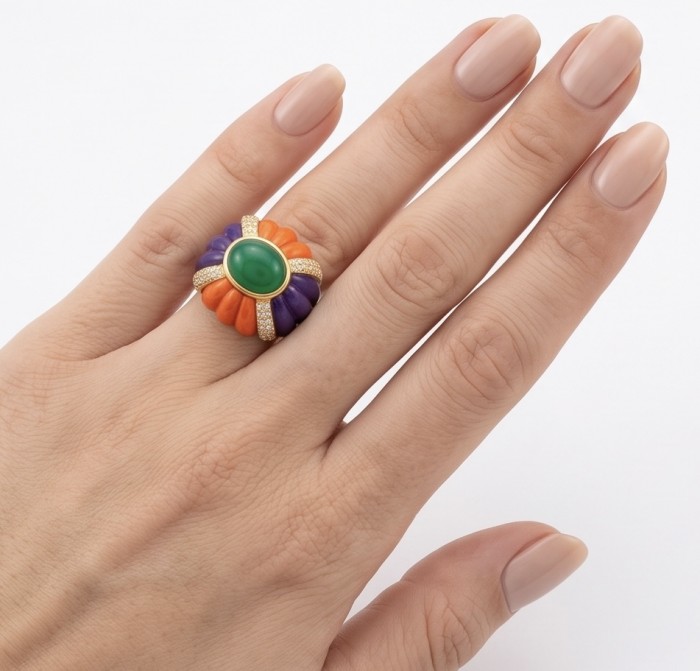 Art Deco Natural 10.8 carat Jade 22K Gold over Enamel .925 Sterling Silver handcrafted Statement ring size 7 - Art Deco jade ring on hand; orange and purple enamel with gold accents.