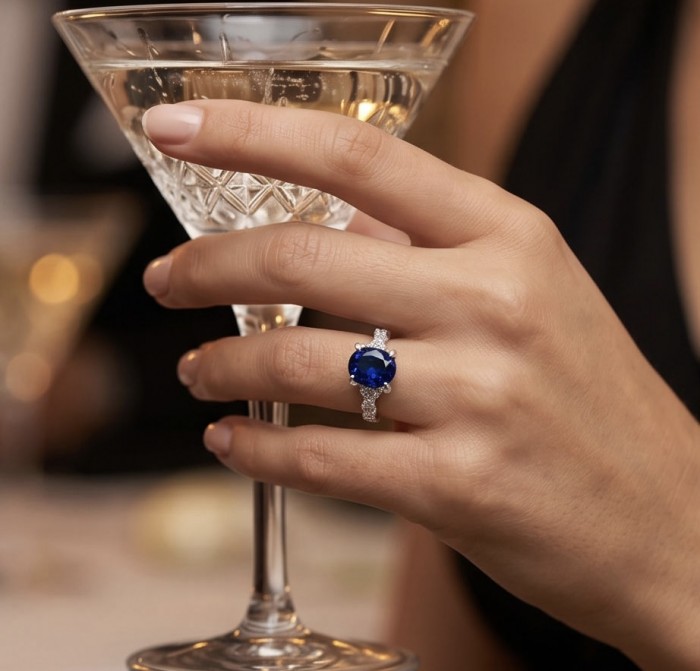 Julietta 6.5 carat Sapphire .925 Sterling Silver handmade Statement ring size 7 1/4 - Sapphire ring on hand holding a martini glass, detailed view.