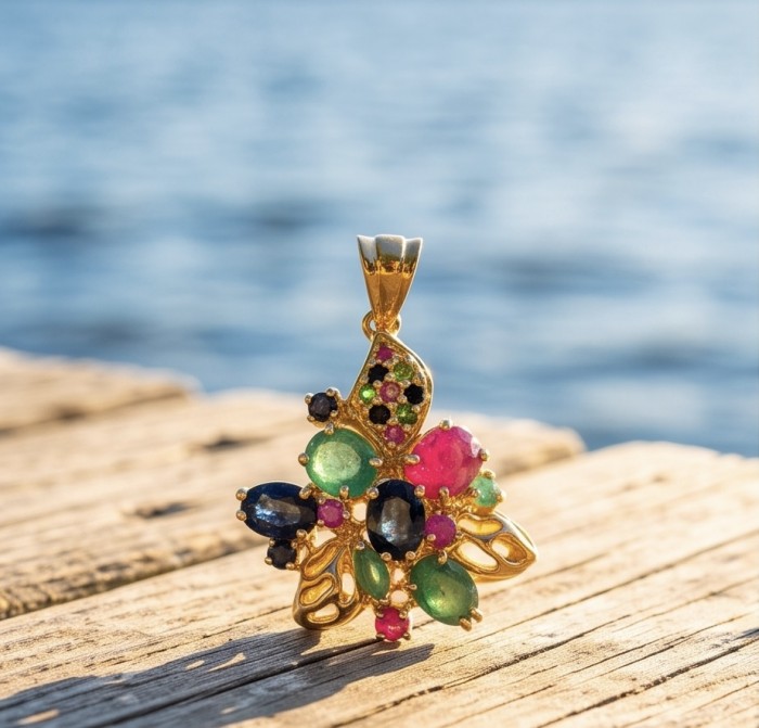 Charming Beauty 10.4 ctw Ruby Emerald Sapphire 22K Gold over .925 Sterling Silver handcrafted Statement pendant - Charming Beauty pendant on wood, gemstone detail in sunlight.