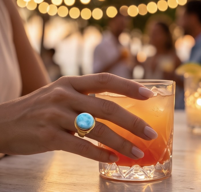Perfection 20.4 carat Blue Larimar 22K Gold over .925 Sterling Silver handmade ring size 7 adjustable - Blue Larimar ring on hand holding cocktail, evening setting