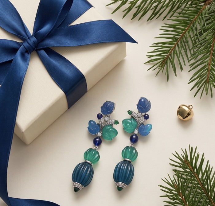 Art Deco - Luxurious natural 28.5 carat Sapphire .925 Sterling Silver Perfectly handcrafted earrings - Elegant sapphire earrings with gift box, top view.