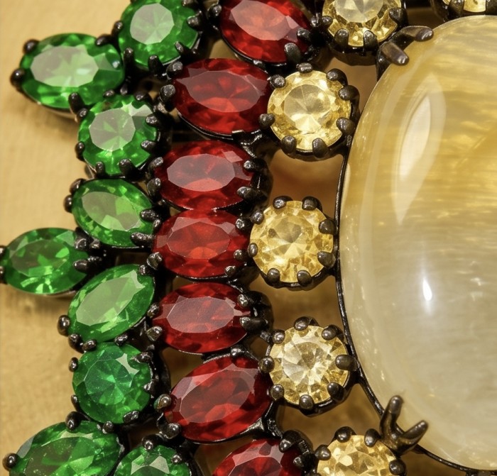 Giovanna 32.2 carat Golden Rutilated Quartz black rhodium over .925 Sterling Silver handmade Pendant - Brooch - Close-up of colorful gemstones with golden rutilated quartz.