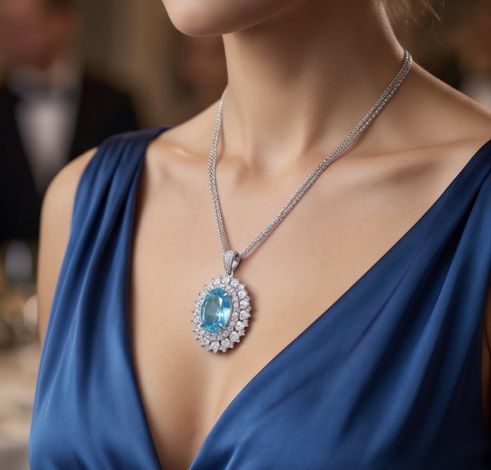 Brazilian's Briliance - oval cut 24.7 carat Paraiba Tourmaline .925 Sterling Silver handcrafted necklace - Oval Paraiba Tourmaline necklace worn with a blue dress, frontal view.