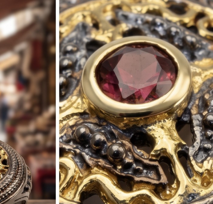 Vintage design Natural 1.8 carat Garnet 2 tones black rhodium .925 Sterling Silver handmade Statement Ring size 6 1/4 - Close-up of vintage garnet ring with intricate two-tone design.