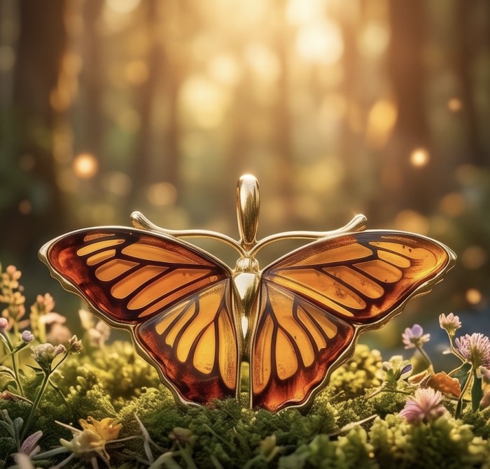 Large - Golden Butterfly natural carved Baltic Amber .925 Sterling Silver dipped in 22K Real Gold handmade Pendant - Golden butterfly amber pendant in nature, frontal view.