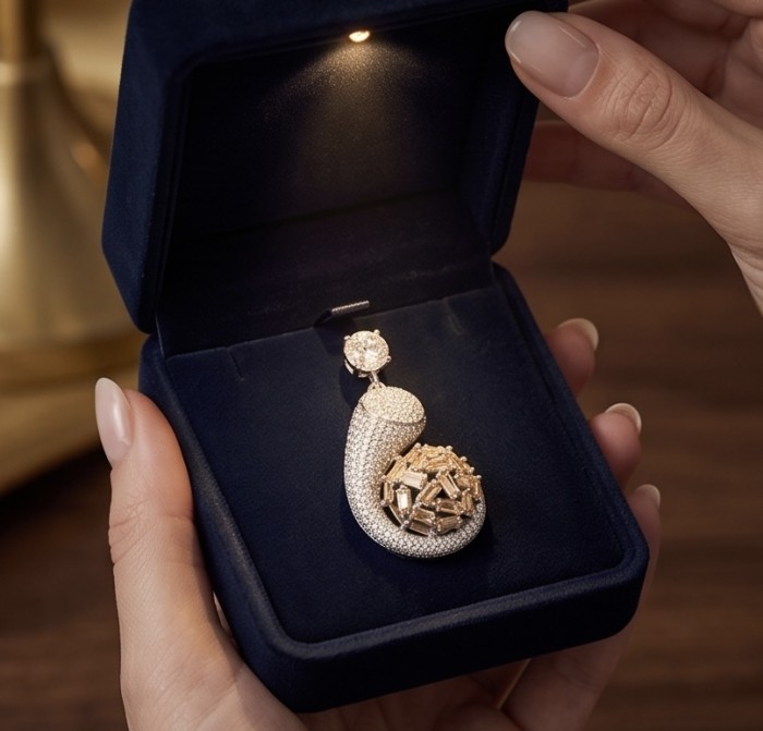 Antonina - 4.5 carat Morganite .925 Sterling Silver dipped in rhodium handcrafted incredible Pendant - Pendant in blue velvet box, top view with light.