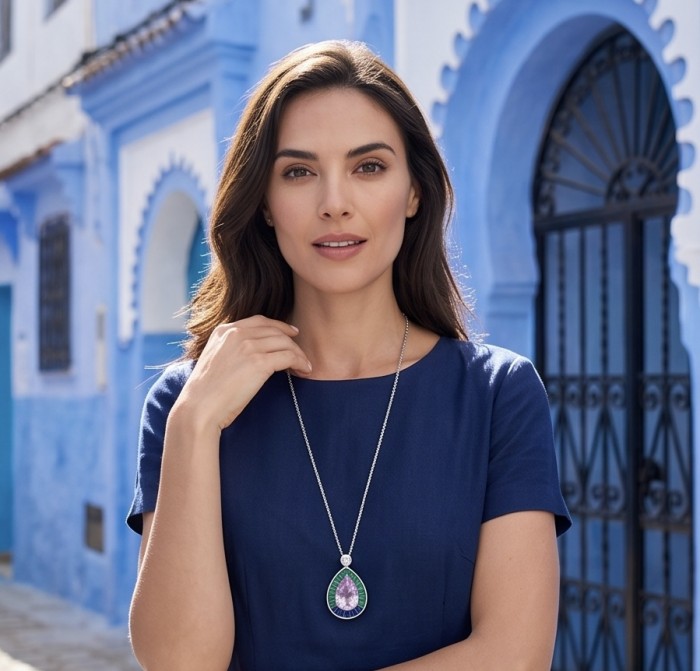 Emily - Art Deco - Precious genuine 10.2 carat Kunzite rhodium over .925 Sterling Silver 2 tones handcrafted necklace - Woman wearing "Emily" 10.2 carat Kunzite necklace, front view