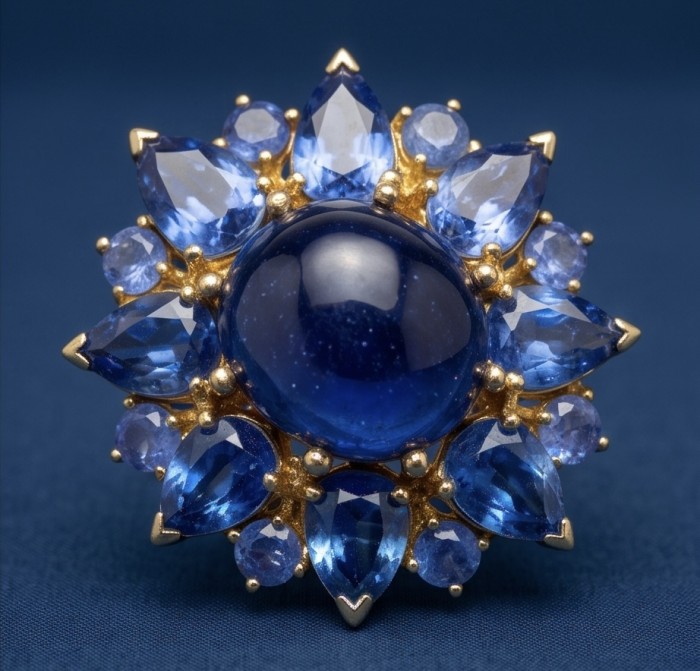 Incredible 22.5 carat Natural Sapphire from Tanzania 18K Gold over .925 Sterling Silver Brooch - Close-up of a star sapphire gemstone in an ornate gold setting.