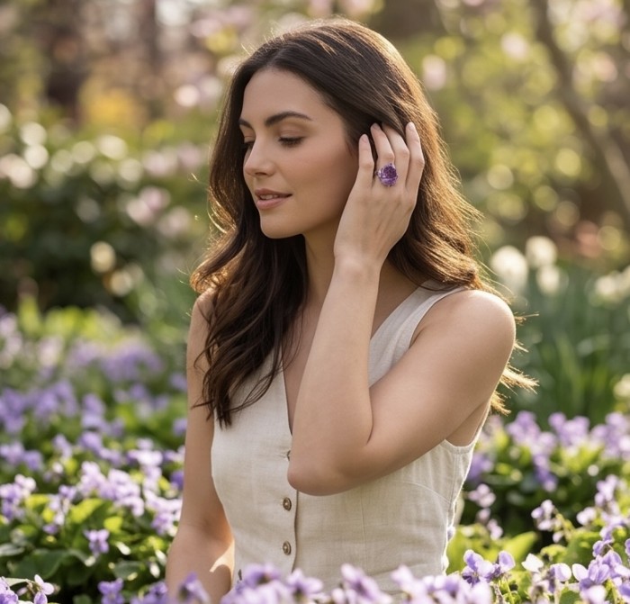 Carved Flower 15.5 carat natural Amethyst .925 Sterling Silver Handcrafted Ring size 8 1/4 - Woman wearing Amethyst ring in garden, side view with flowers.