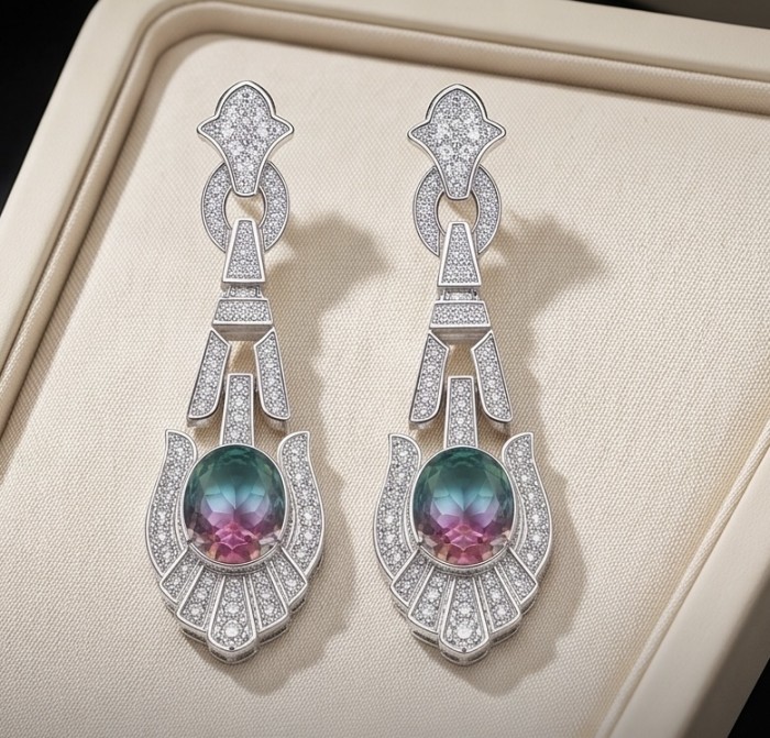 4.5 carat Swiss Alexandrite Blue Topaz .925 Sterling Silver Handcrafted Earrings - Close-up of Alexandrite Topaz sterling silver earrings on display.