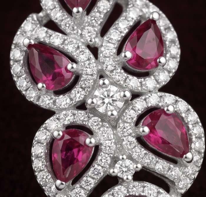 5.2 carat authentic Mozambique Ruby rhodium over .925 Sterling Silver handmade Pendant - Close-up of rhodium ring with Mozambique rubies and diamonds