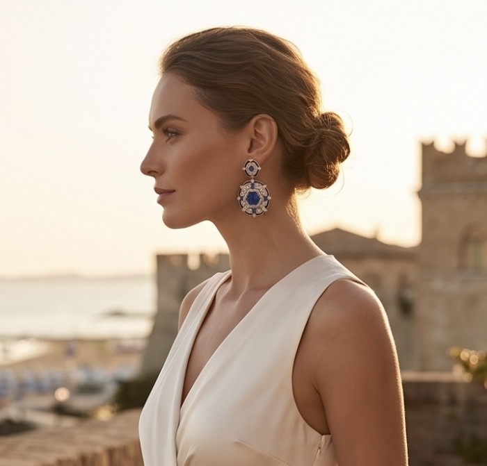 Art Deco - Pacifica - 38.4 carat Sapphire Enamel .925 Sterling Silver handmade Statement Earrings - Side view of woman wearing Art Deco Pacifica sapphire earrings.