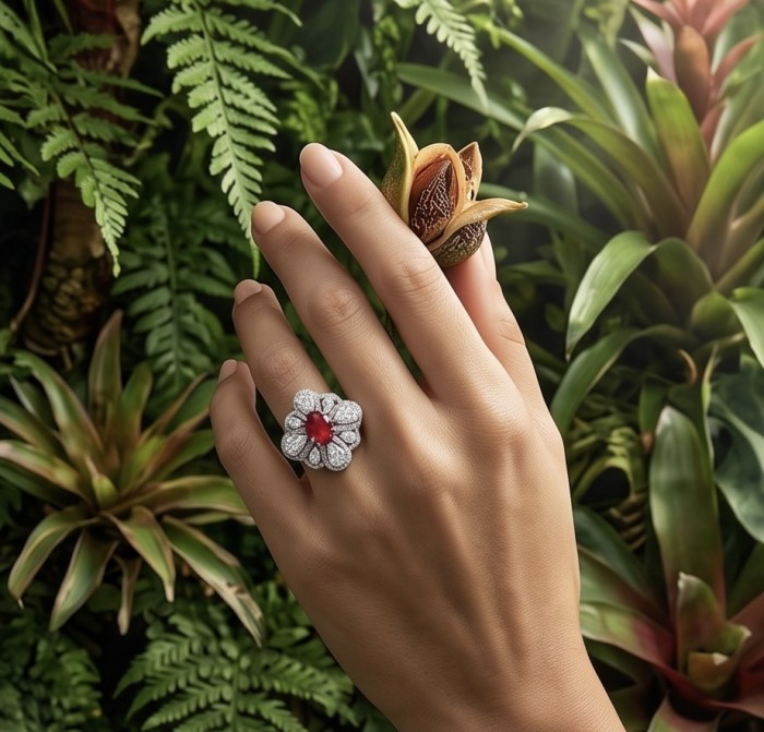Exquisite 8.5 ctw Mozambique Ruby .925 Sterling Silver handcrafted Statement Ring size 7 - Ruby ring worn on hand, surrounded by lush greenery.