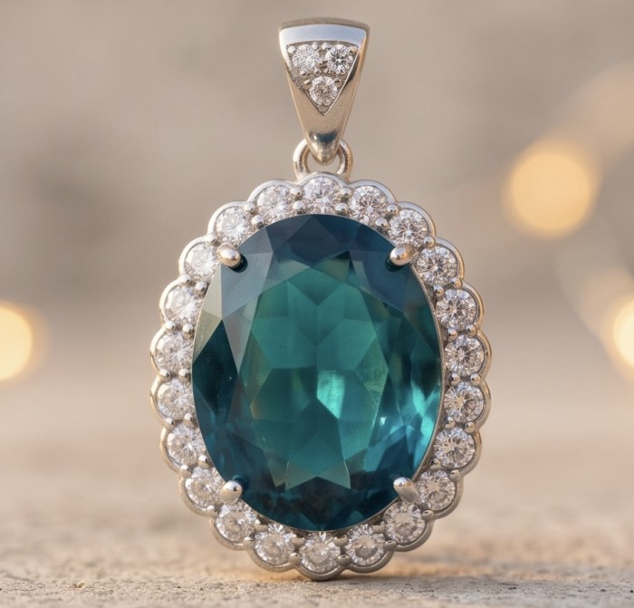 Large 51.5 carat Vintage style Brazilian Aquamarine .925 Sterling Silver DIPPED IN RHODIUM handmade Pendant - Close-up of a vintage 51.5 ct Brazilian Aquamarine pendant with diamonds.