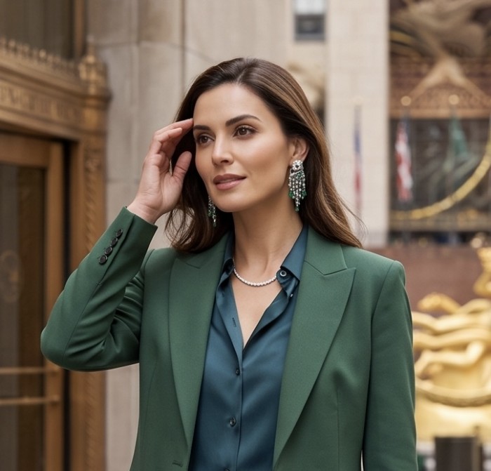 Cheetah 5.9 carat Emerald Moissanite .925 Sterling Silver .925 Sterling Silver handcrafted Statement earrings - Woman wearing Cheetah Emerald Moissanite earrings, side view.