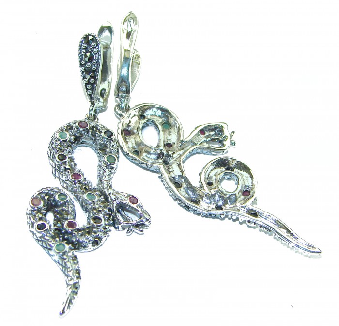 Snakes natural Sapphire marcasite .925 Sterling Silver Earrings - photo 1