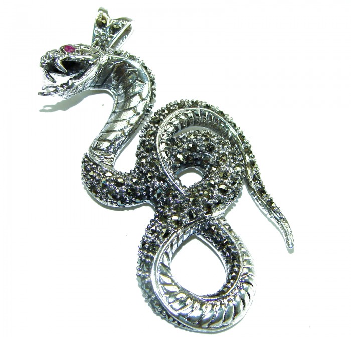 Large 2 5/8 inches long Cobra Snake genuine Marcasite .925 Sterling Silver handmade Pendant - photo 2