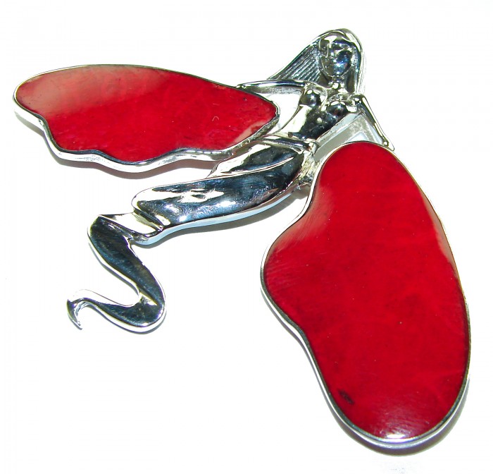Red Fossilized Coral .925 Sterling Silver pendant brooch - photo 2