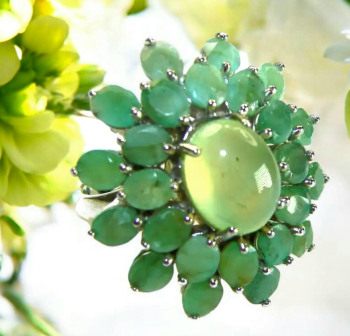 Born to Glam authentic 15.9 carat Colombian Emerald Prehnite .925 Sterling Silver handcrafted ring s. 8 - photo 1
