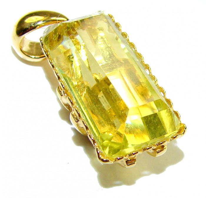 Emerald cut 10.3 carat Lemon Quartz 18K Gold over .925 Sterling Silver handcrafted pendant - Emerald cut lemon quartz pendant, gold setting, close-up view.