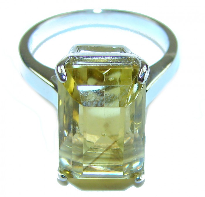 Solid 11.8 carat Genuine Lemon Quartz .925 Sterling Silver handcrafted ring size 8 - Close-up of lemon quartz ring in sterling silver, top view.
