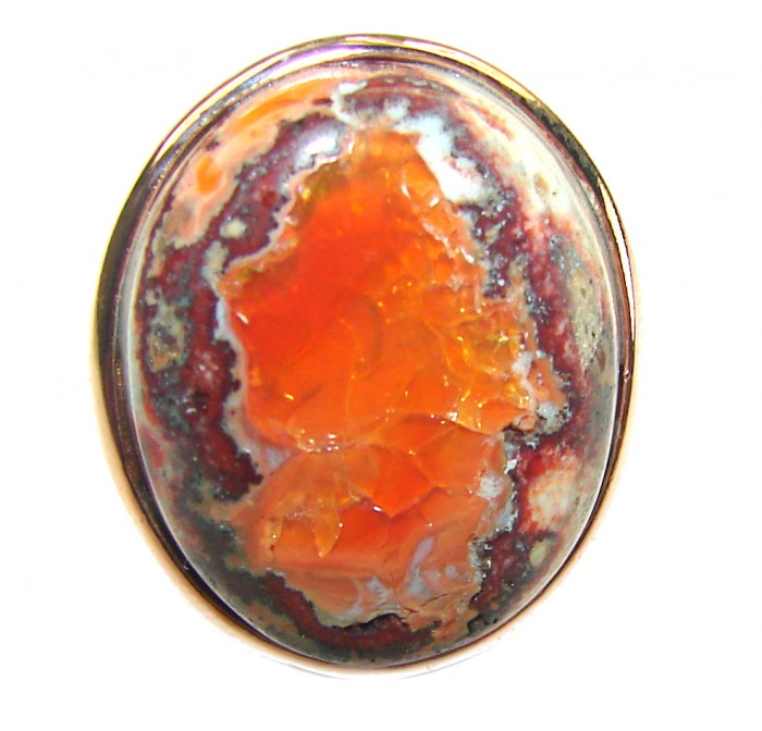 Lava best quality 19.4 carat Mexican Opal 18K Rose Gold over .925 Sterling Silver handmade ring 7 adjustable - Mexican Opal in 18K Rose Gold, close-up view.