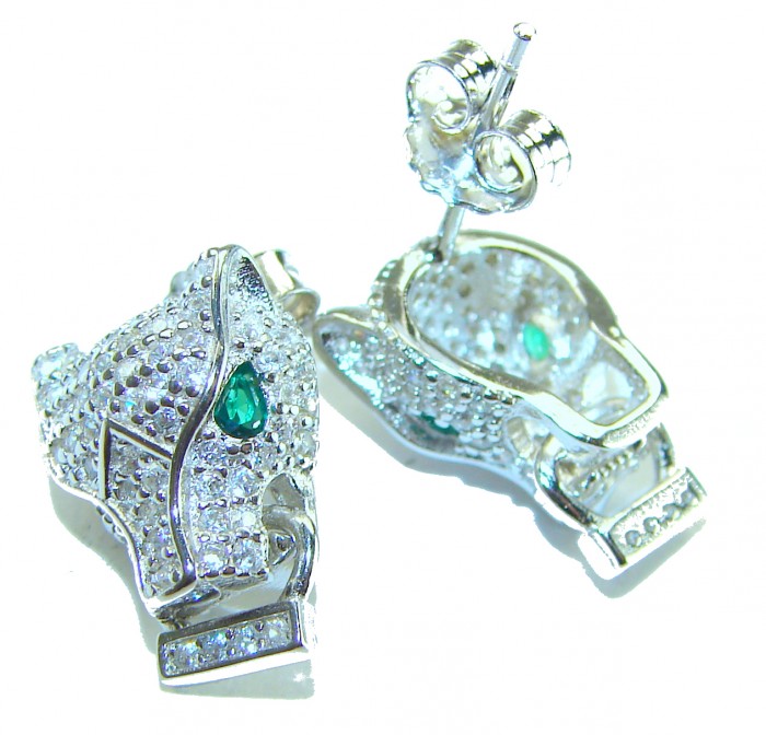 Precious Cheetah 0.4 carat Emerald White Sapphire .925 Sterling Silver earrings - Cheetah earrings with emerald eyes and sapphires, side and clasp detail.